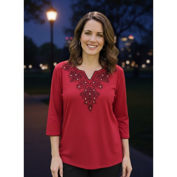 Alfred Dunner P Large Red Embroidered Top Black Beads Studded Colorful Holiday - Picture 1 of 8